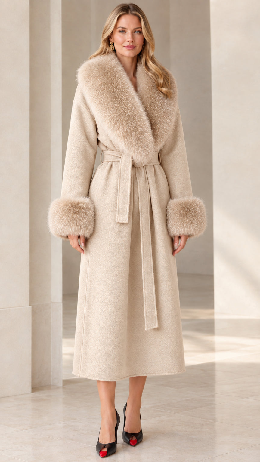 Full front view of women's beige long wrap overcoat with plush collar accents