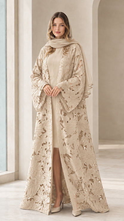Front view of elegant beige champagne floral lace open-front abaya set
