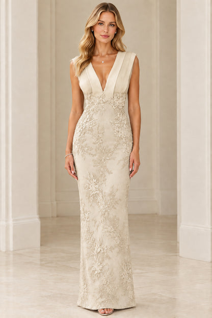Front full view of Champagne pleated V-neck floral lace maxi dress