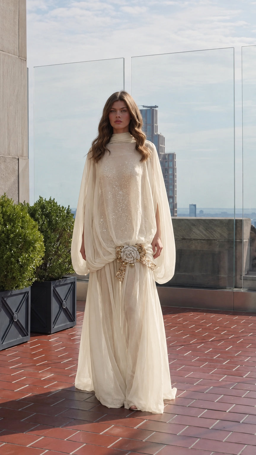 Model wearing champagne gold high-neck cape sleeve maxi evening dress