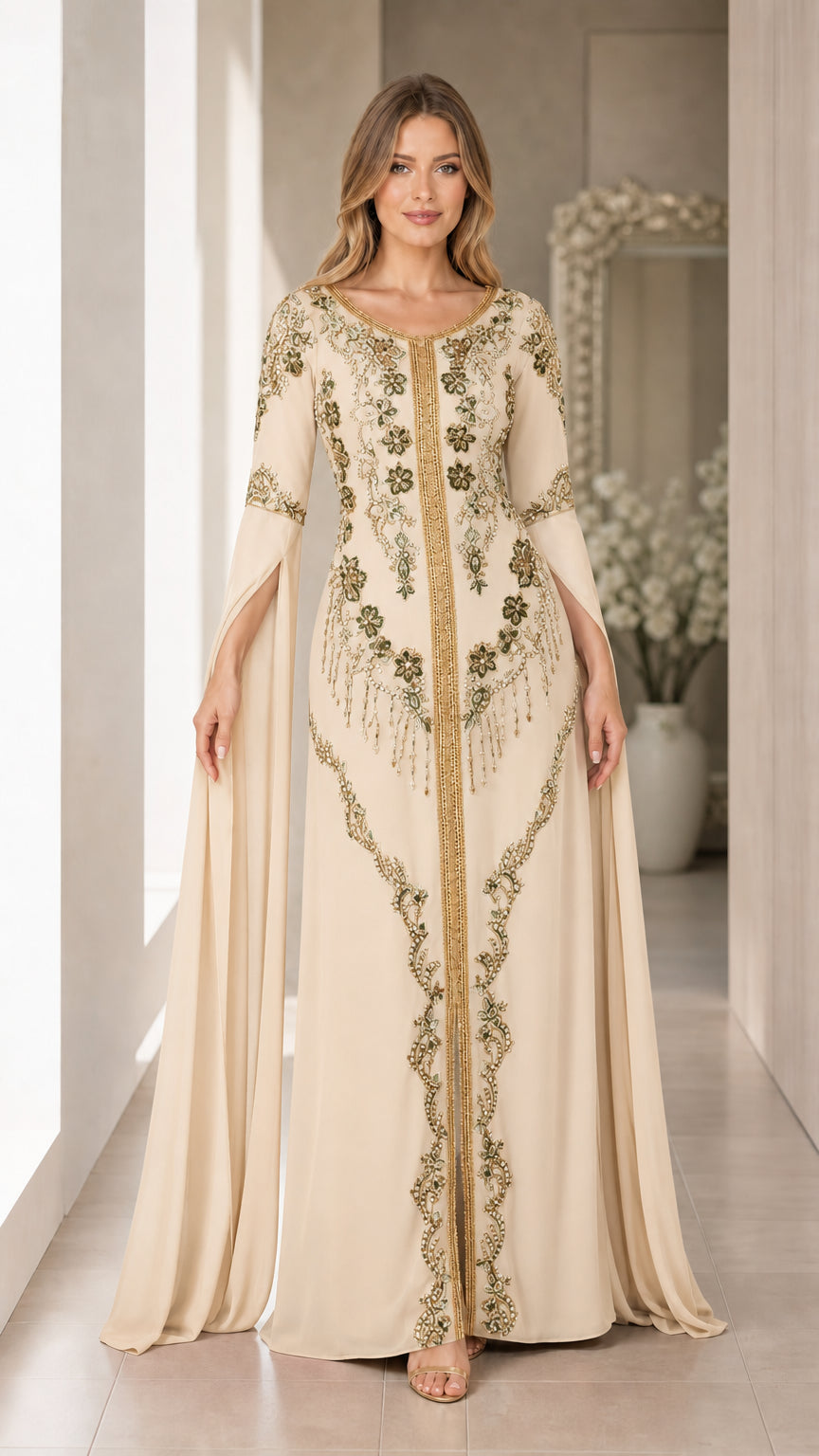 Front view of champagne cream embroidered cape sleeve kaftan maxi dress