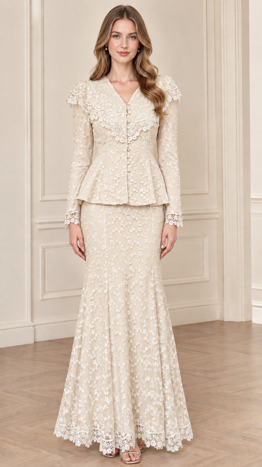 Champagne cream floral lace peplum top and maxi skirt set