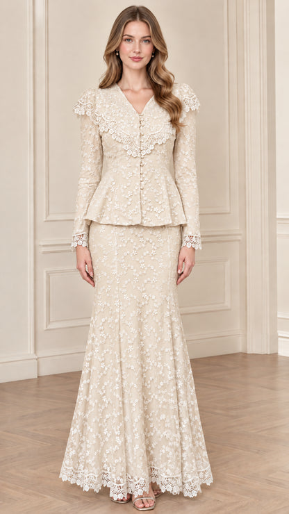 Champagne cream floral lace peplum top and maxi skirt set