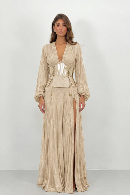 Champagne pleated evening gown with lace-up waist corset