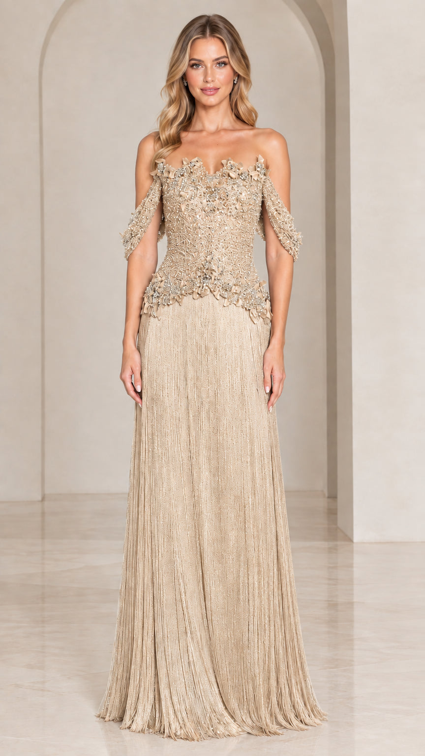 Front view of champagne off-the-shoulder beaded fringe formal maxi gown
