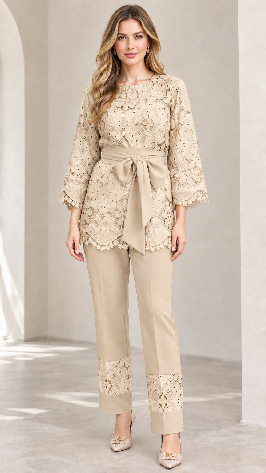 Beige champagne floral lace belted tunic top and matching straight pants set