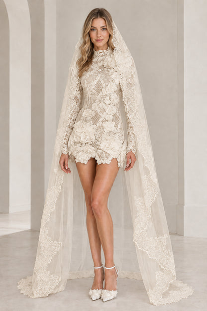 Champagne beige 3D floral lace mini dress with coordinating cathedral veil