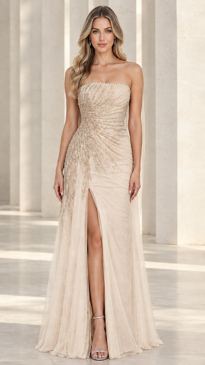 Champagne beige strapless beaded tulle gown for formal events