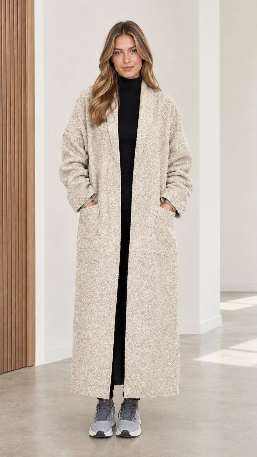 Full front view of women's cream oatmeal textured maxi coat