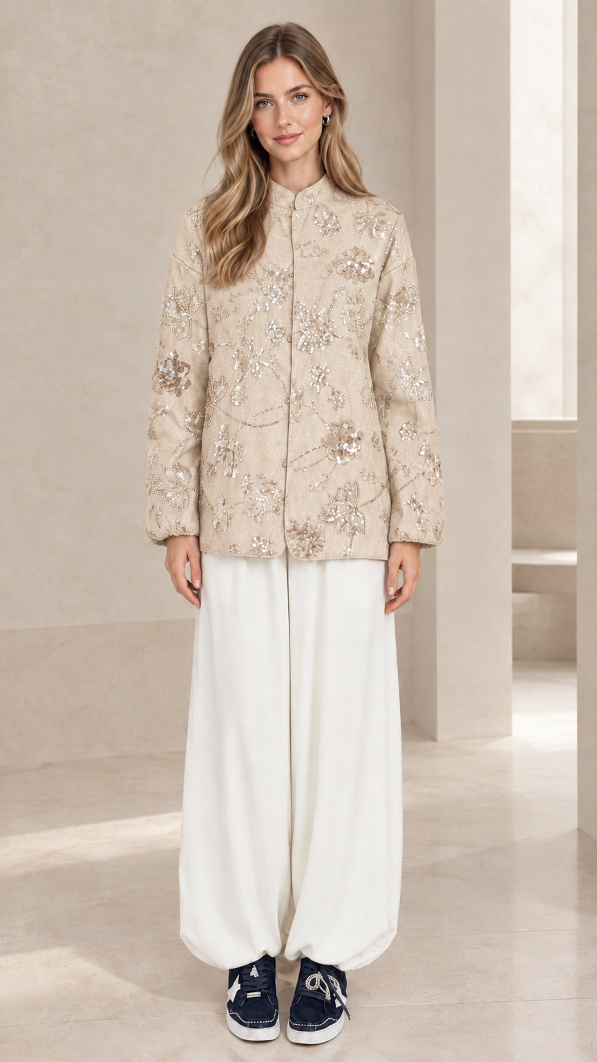 Full front view of beige champagne floral sequin embroidered button-up jacket blouse