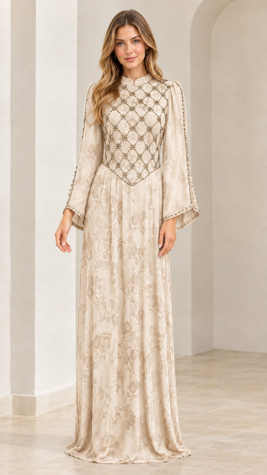 Champagne beige beaded jacquard floor length dress