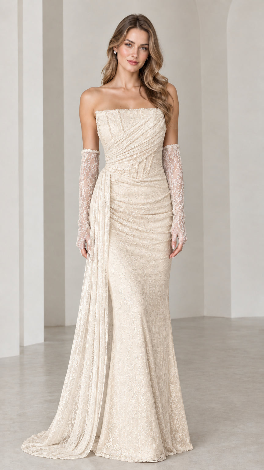 Model wearing champagne cream strapless ruched lace formal dress with gloves