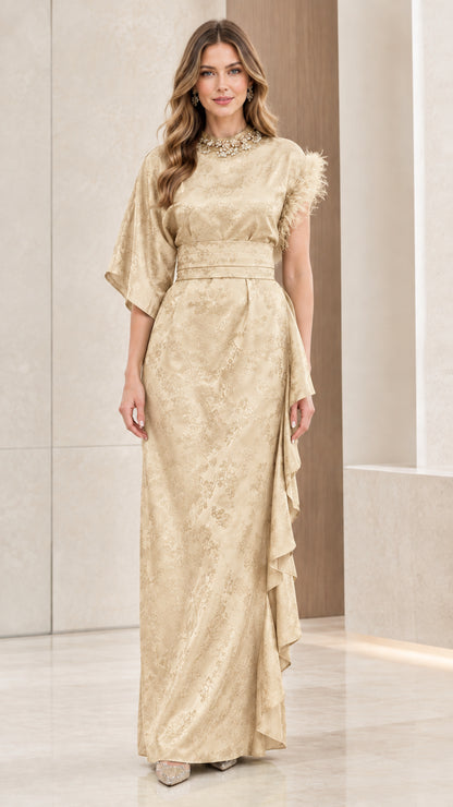 Champagne gold floral jacquard formal maxi dress