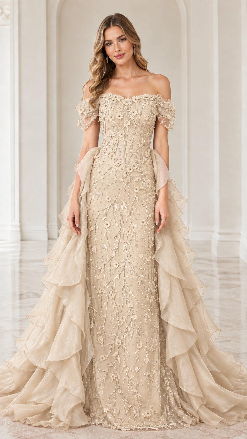 Champagne off-the-shoulder beaded 3D floral gown with voluminous ruffle train