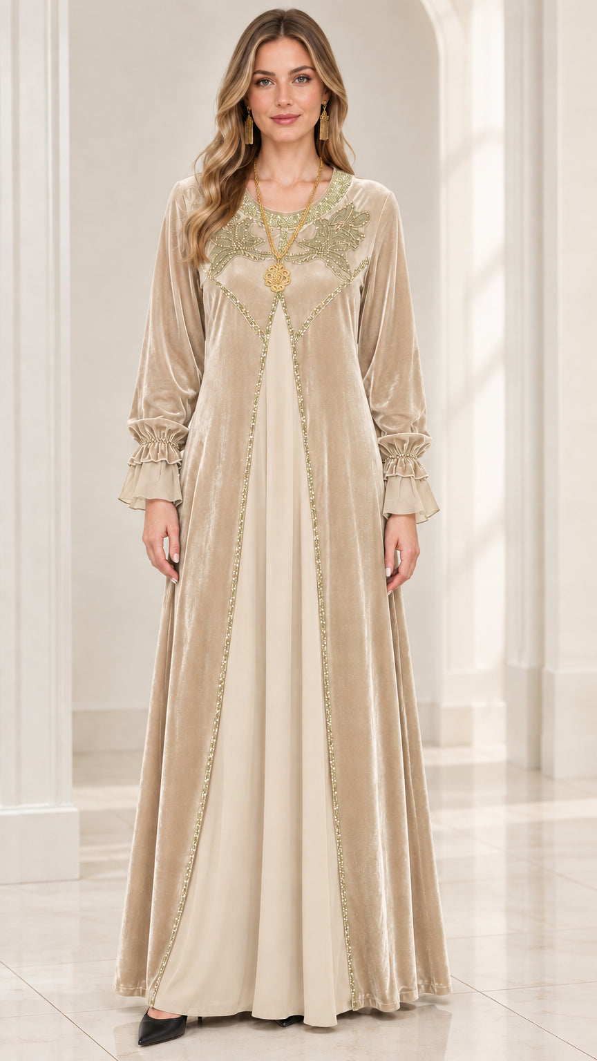 Champagne beige embroidered velvet long sleeve gown