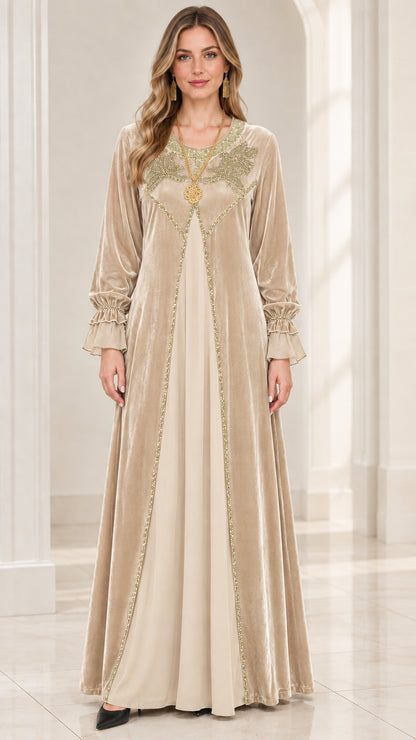 Champagne beige embroidered velvet long sleeve gown