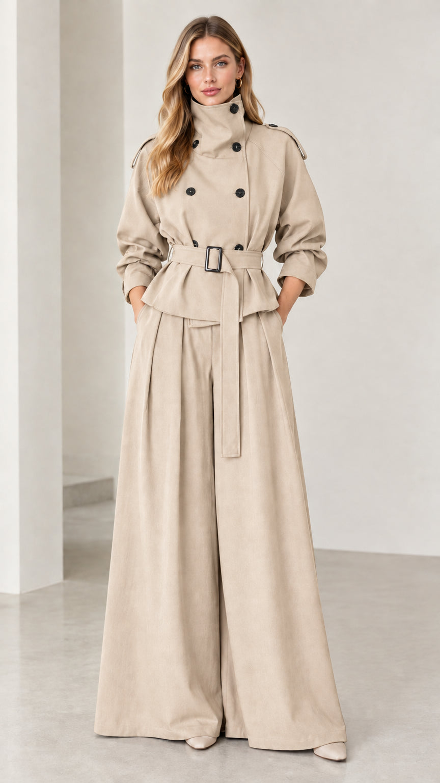 Full-length view of beige khaki belted trench jacket and wide-leg trouser set