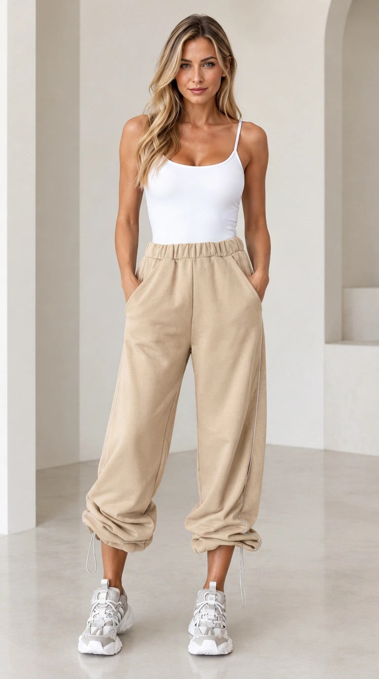 Model wearing beige neutral cinch-bottom joggers with white tank top