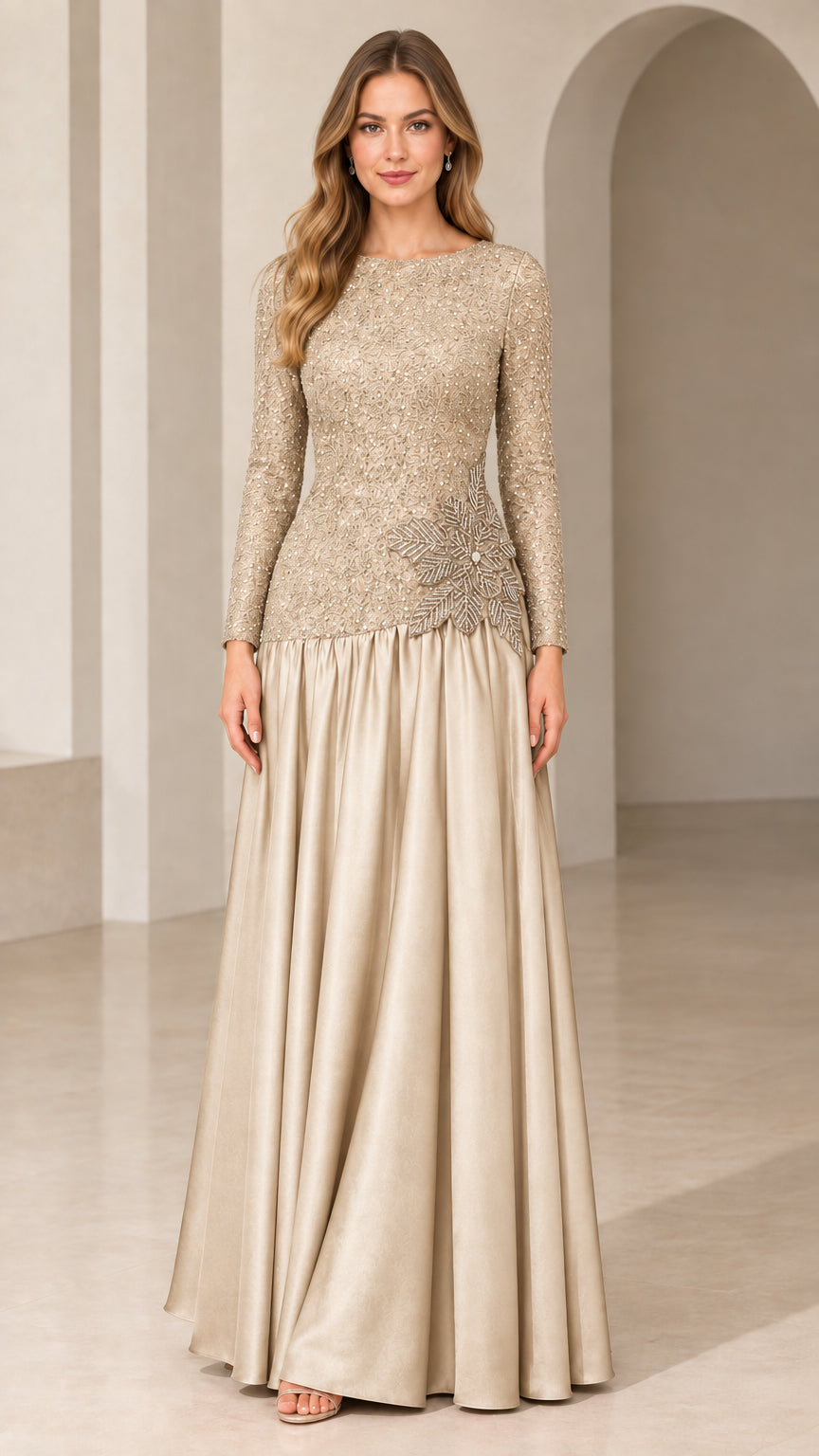 Champagne gold long sleeve sequin drop waist formal maxi evening dress