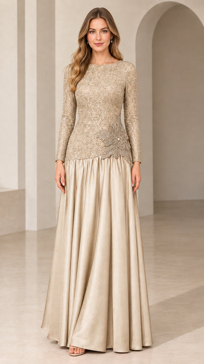 Champagne gold long sleeve sequin drop waist formal maxi evening dress