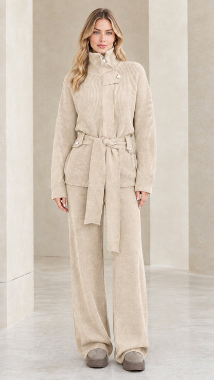 Full-length front view of the cozy two-piece ribbed knit belted set in neutral beige