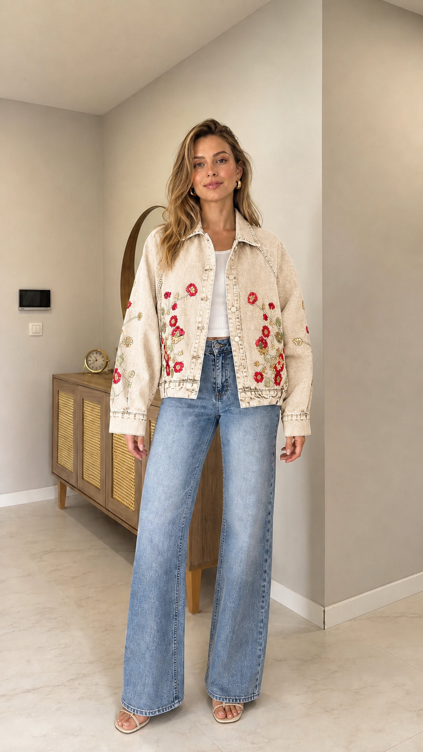 Full front view of woman wearing Cream off-white floral embroidered denim jacket