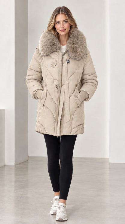 Front full-length view of model wearing beige cream faux fur collar quilted winter coat