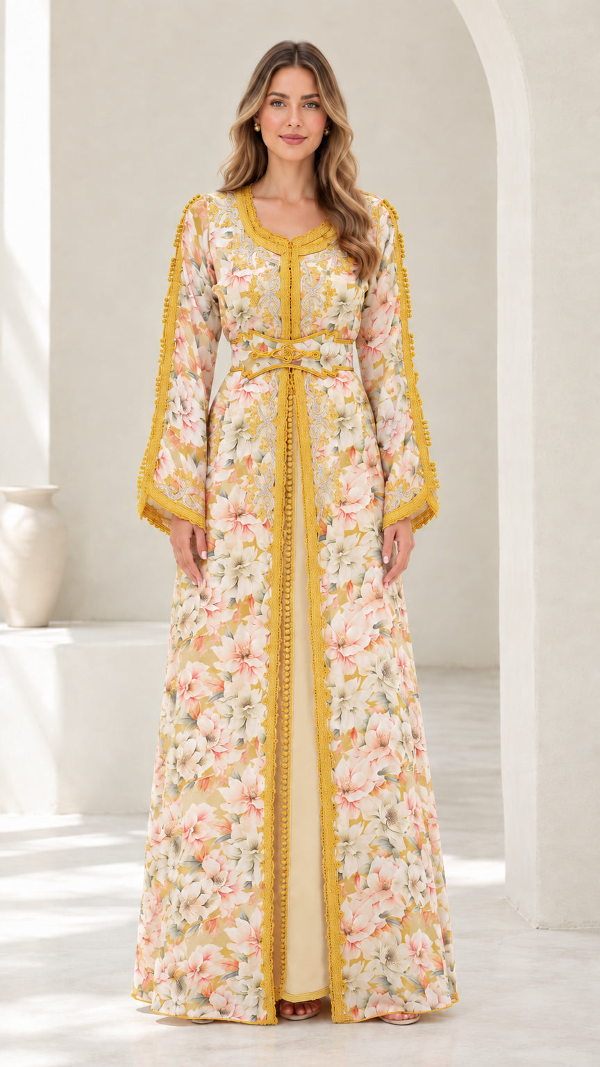 Full-length view of champagne beige floral embroidered kaftan maxi dress
