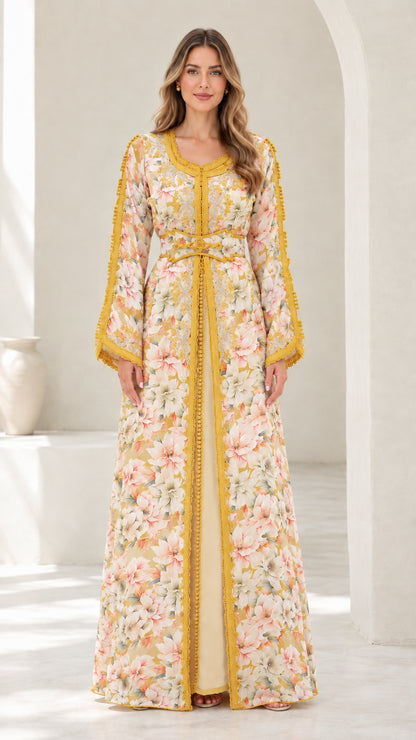 Full-length view of champagne beige floral embroidered kaftan maxi dress