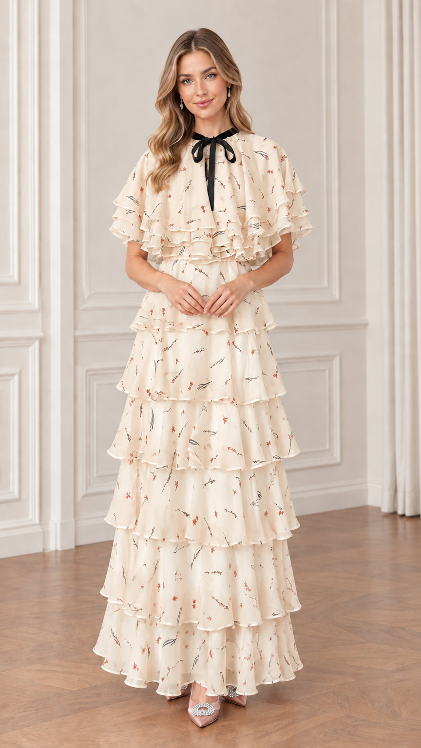Beige floral tiered chiffon maxi dress with contrast neck bow