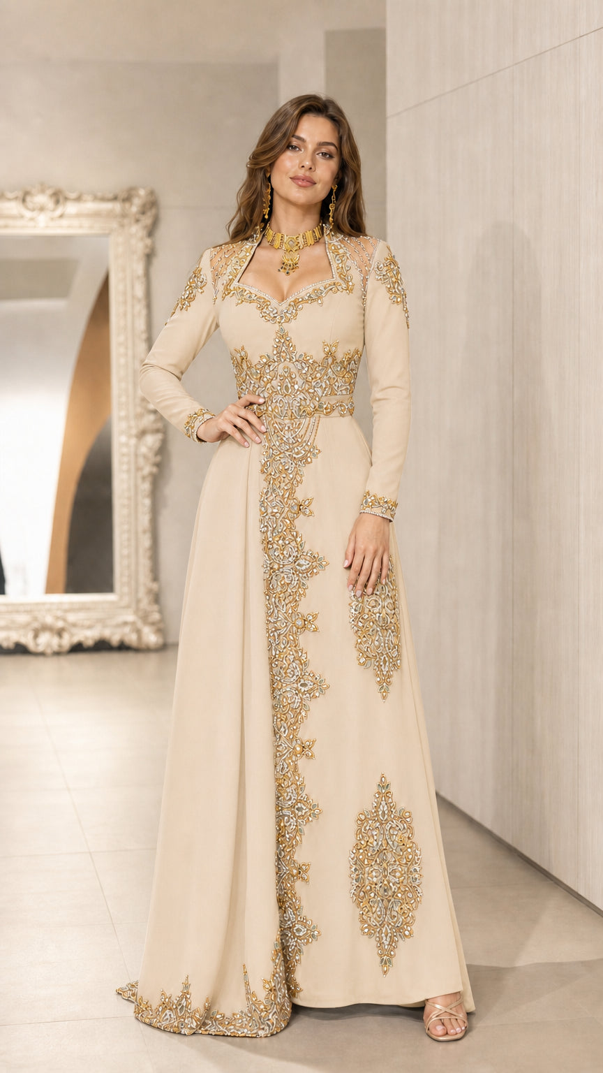 Champagne beige embroidered long sleeve formal evening gown