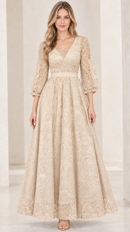 Champagne beige lace V-neck evening gown