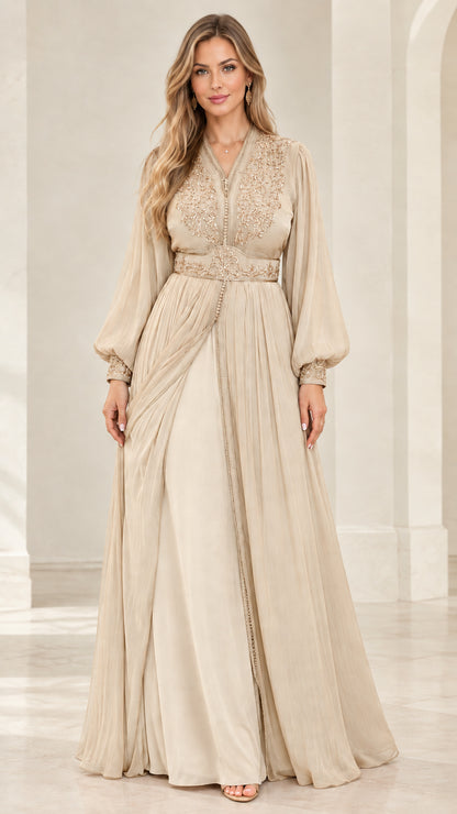 Champagne beige embroidered long sleeve formal maxi dress