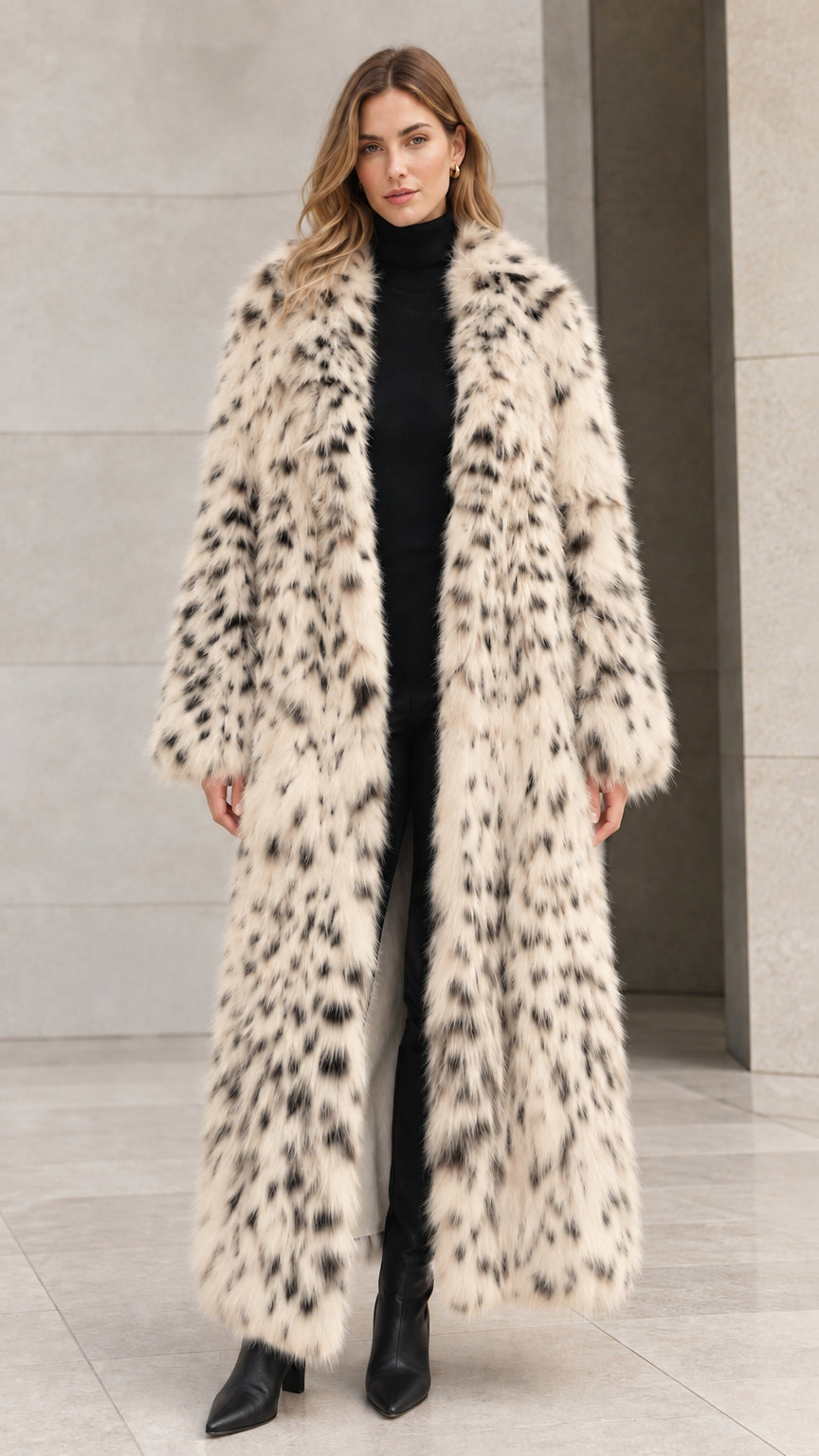 Full-length cream beige speckled faux fur maxi coat on model