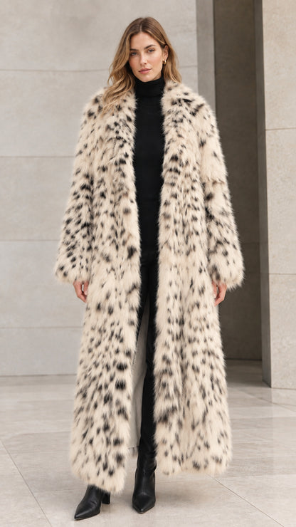 Full-length cream beige speckled faux fur maxi coat on model