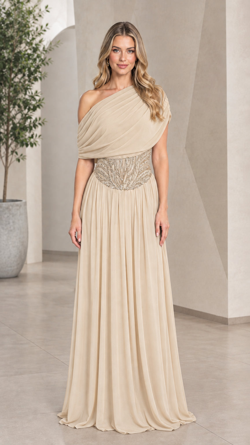 Champagne beige one-shoulder formal evening gown with beaded waist accent