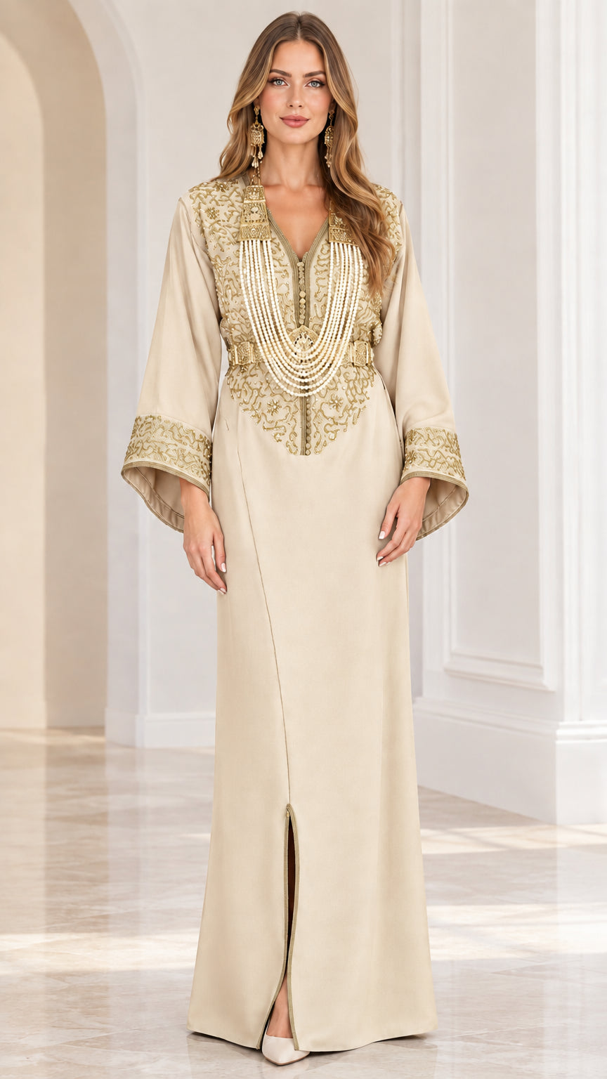 Champagne beige gold embroidered floor-length kaftan dress