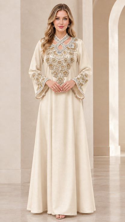 Champagne beige embellished floor-length abaya dress with bell sleeves