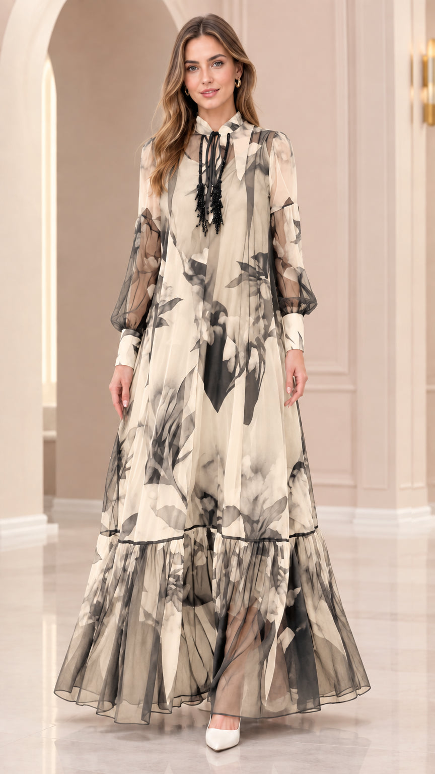 Front view of champagne beige floral print chiffon maxi dress