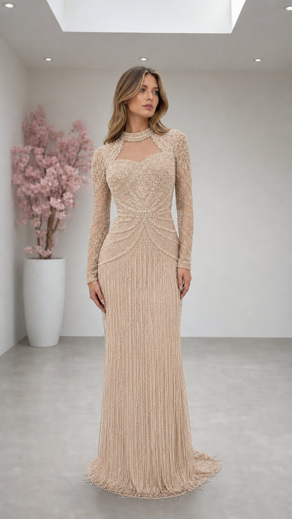 Champagne gold beaded long sleeve evening dress with illusion neckline