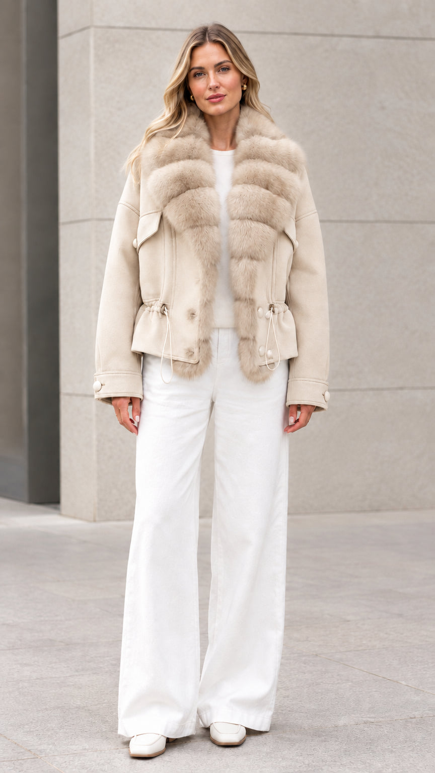 Woman wearing cream beige faux fur trim drawstring waist short jacket
