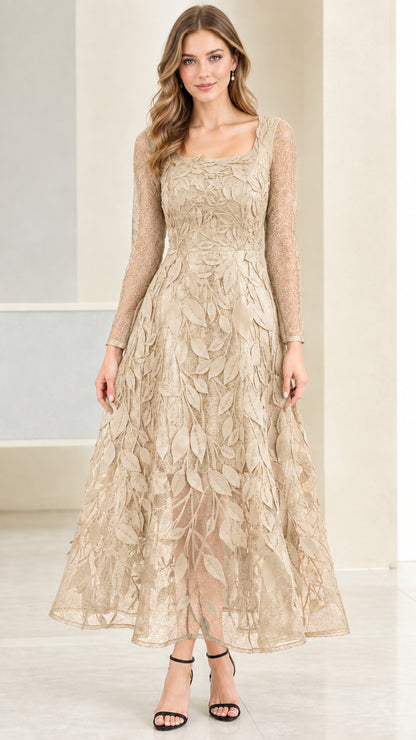 Front view of Champagne beige embroidered lace long sleeve formal dress