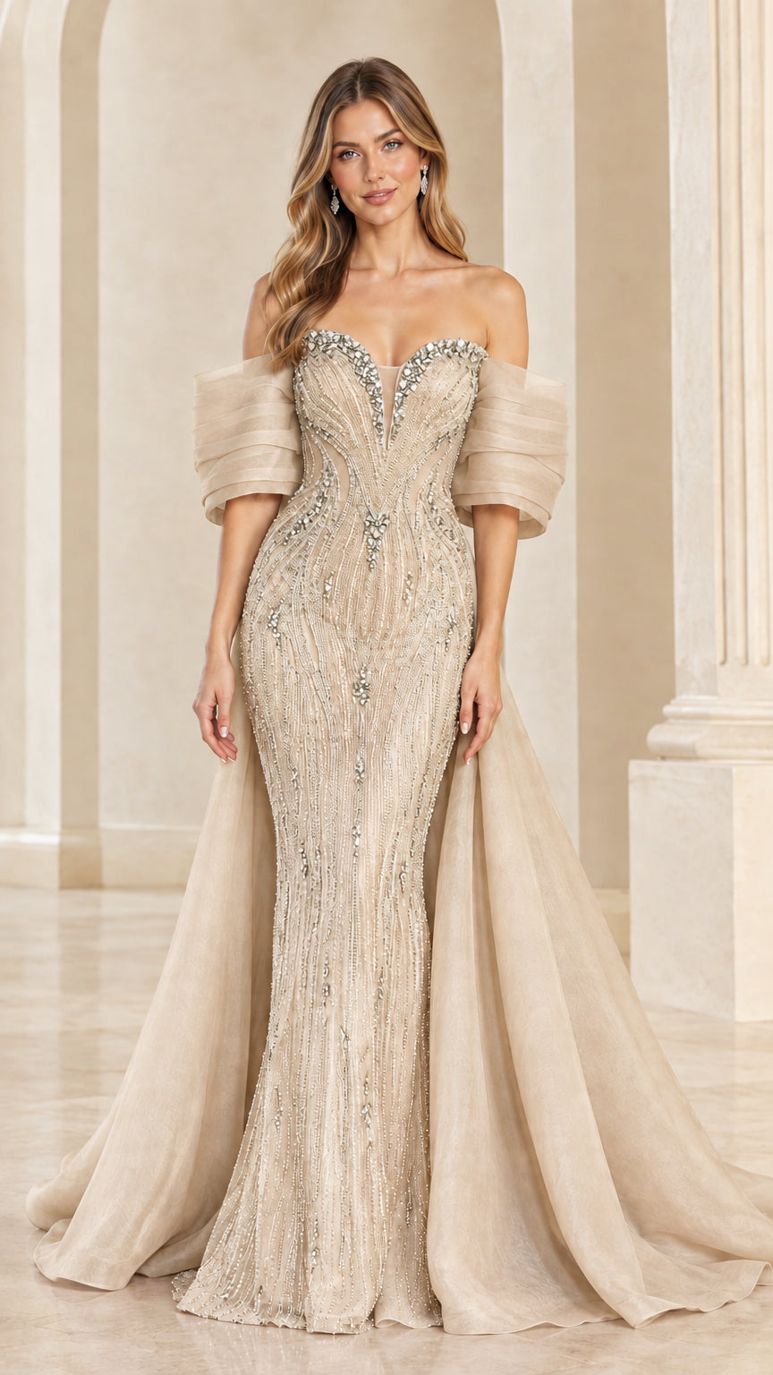 Champagne gold beaded off-the-shoulder evening dress with sweeping overskirt