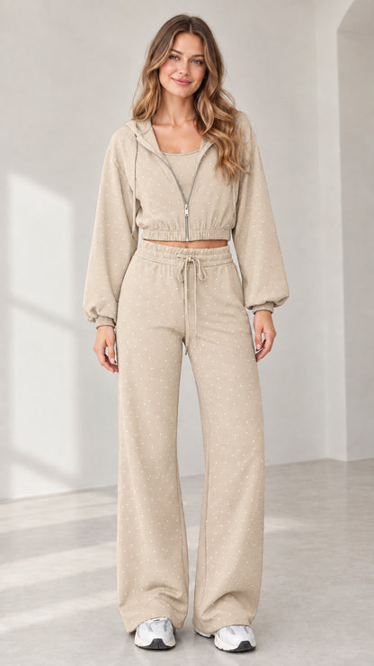 Full front view of model wearing beige oatmeal rhinestone 3-piece lounge set