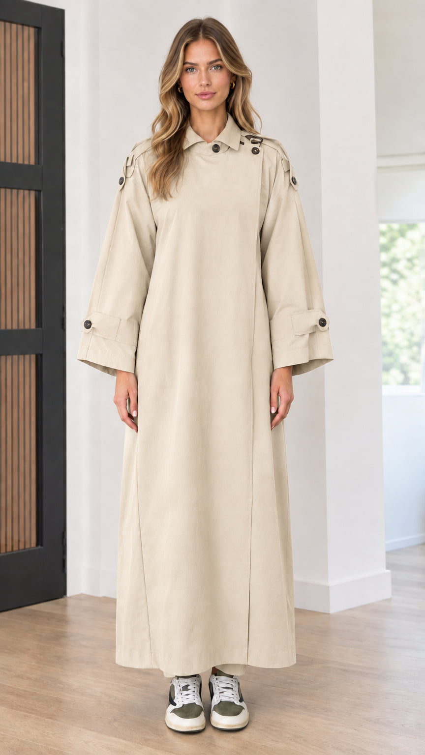 Front view of long trench maxi dress in beige khaki