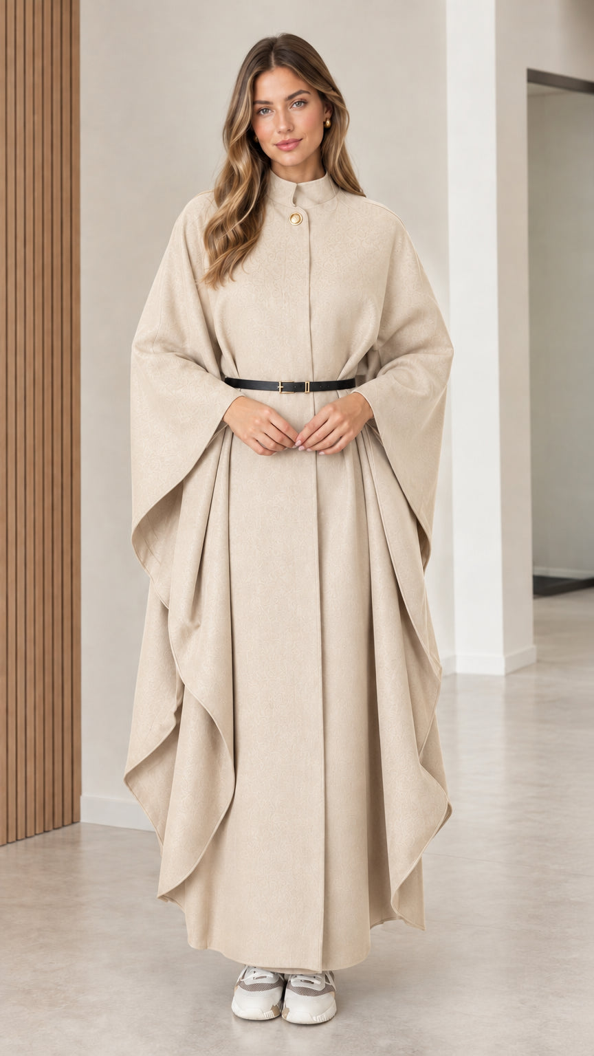 Women's neutral beige cream belted maxi cape coat