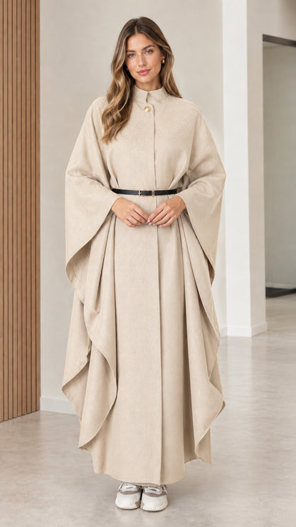Women's neutral beige cream belted maxi cape coat