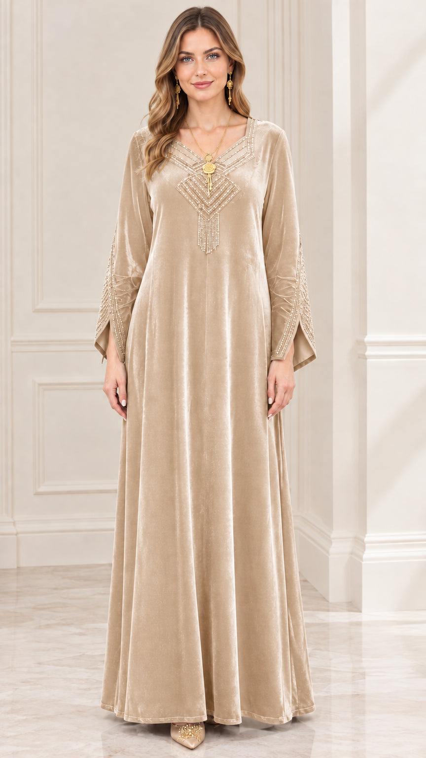 Champagne beige embellished velvet maxi dress front view