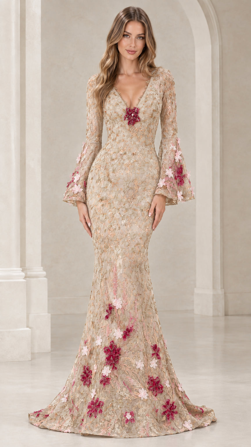 Champagne gold lace mermaid formal gown with bell sleeves and floral appliqué