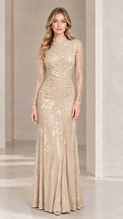 Front full view of champagne gold long sleeve mock neck lace evening gown